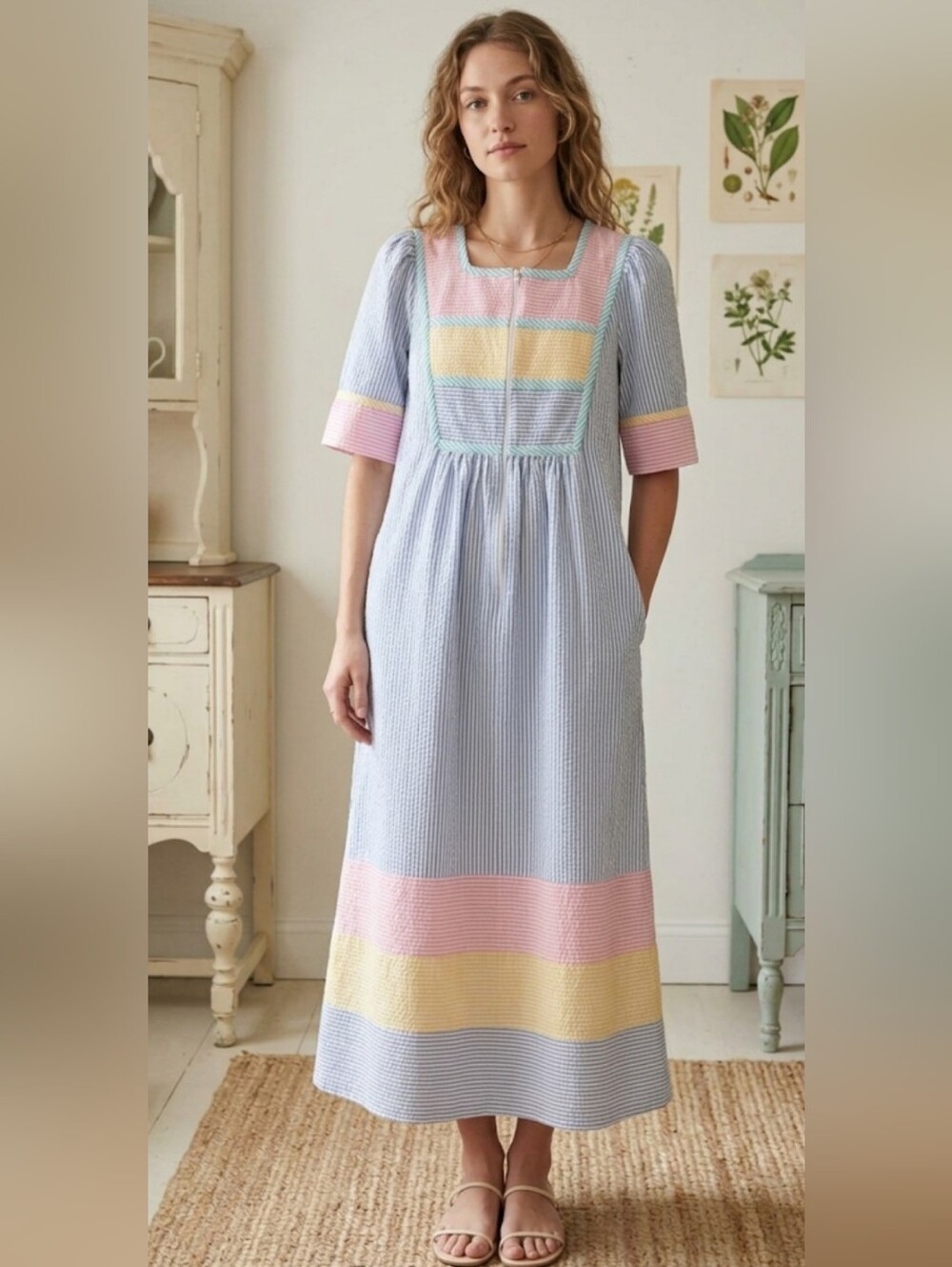 Vintage Saybury Seersucker Pastel Striped Maxi Lounger Dress Pockets XS